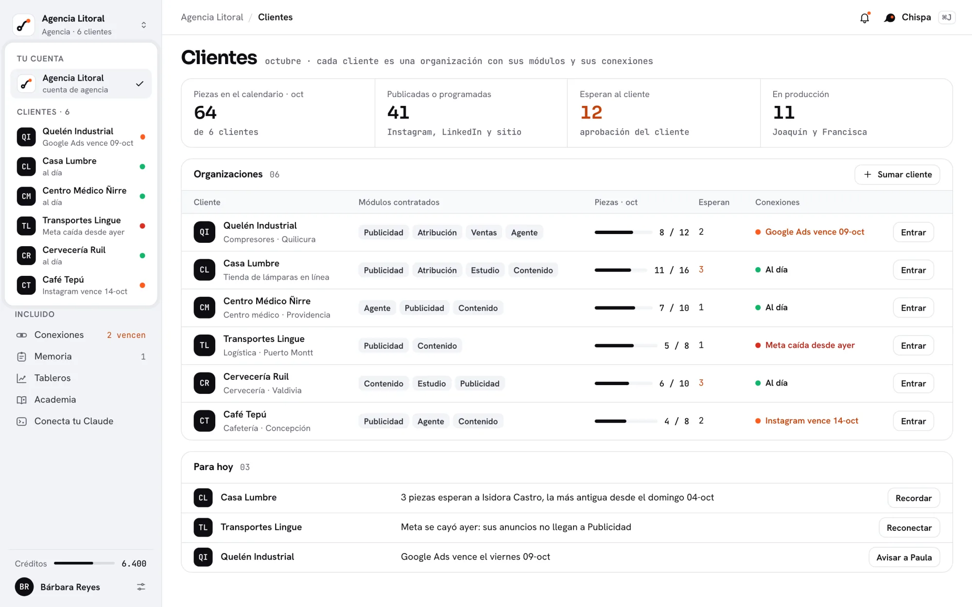 Vista de agencia en Glix: los clientes de Agencia Litoral con sus módulos y pendientes.