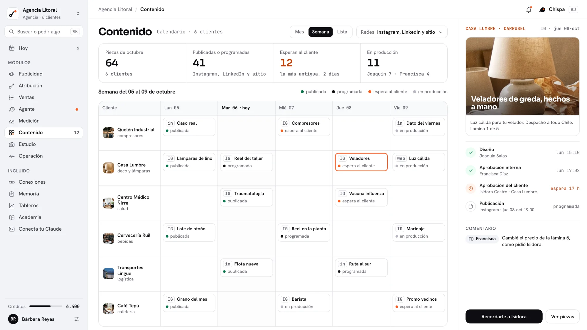 Calendario de Contenido de Agencia Litoral, semana del 05 al 09 de octubre: piezas de 6 clientes con su estado y la aprobación pendiente de Casa Lumbre.