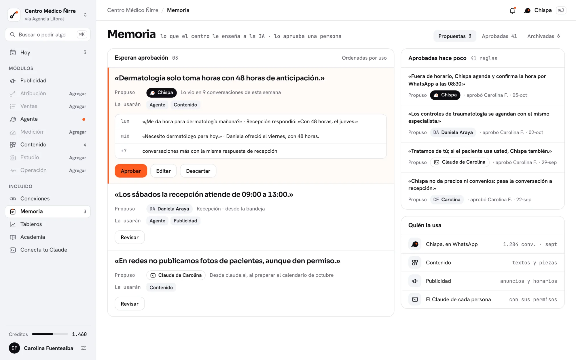 Pantalla Memoria de Glix en un centro médico: tres propuestas esperan aprobación y 41 reglas ya aprobadas, cada una con quién la propuso.