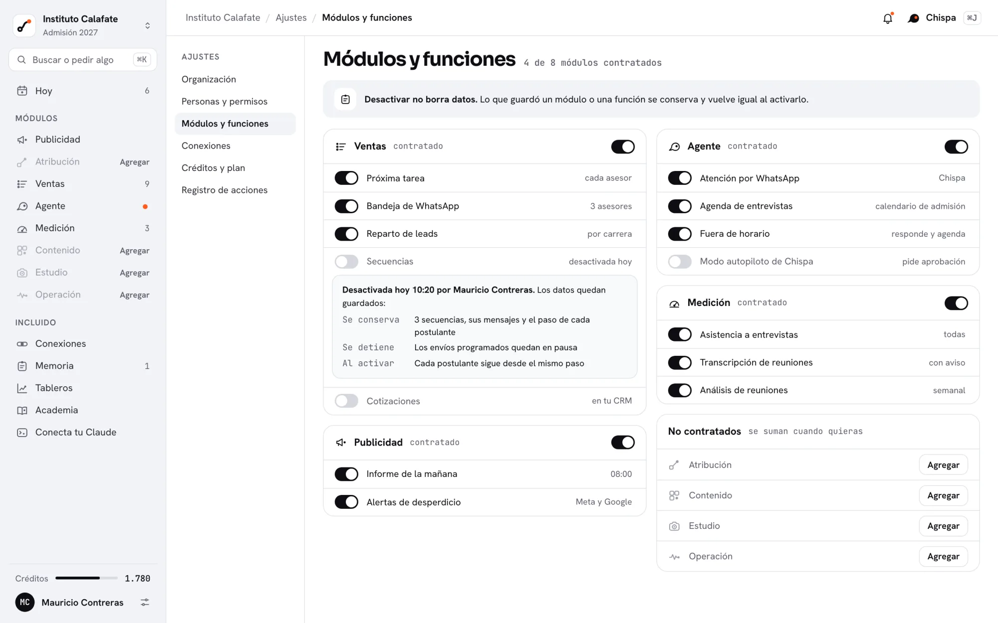 Ajustes de Glix, Módulos y funciones: 4 de 8 módulos contratados, cada función con su interruptor, Secuencias desactivada con sus datos guardados y los módulos no contratados con el botón Agregar.