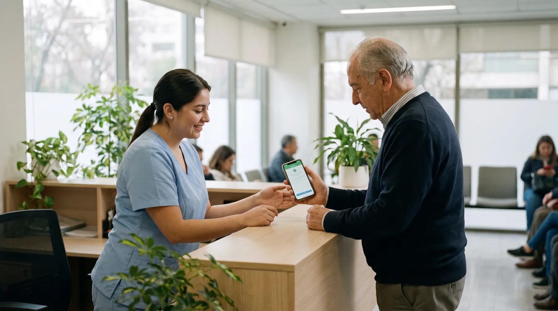 Recepcionista de un centro médico atiende a un paciente que muestra su teléfono.