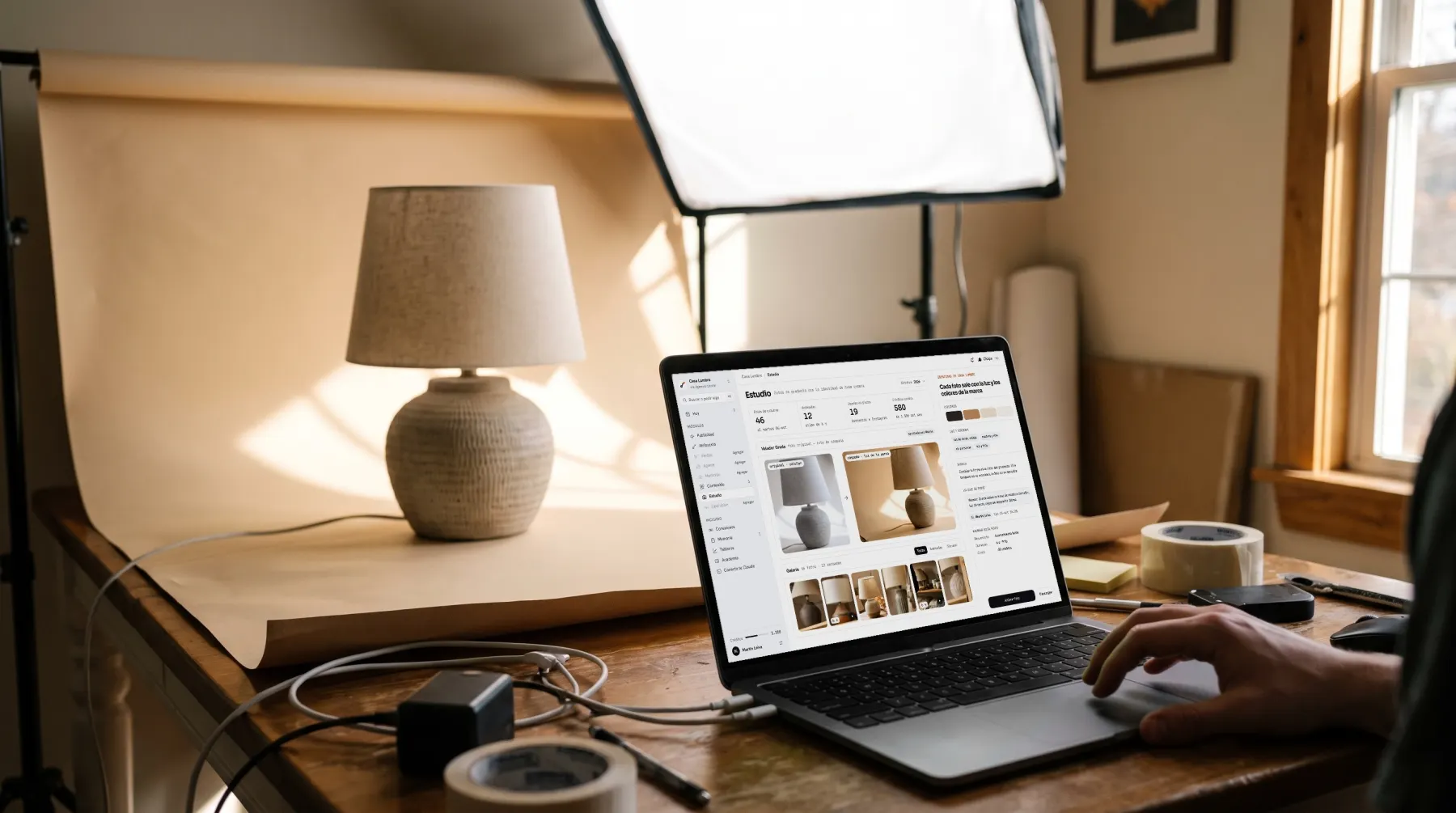 Rincón de fotos de producto de Casa Lumbre: una lámpara de greda bajo la luz de tarde y, al lado, un notebook con la pantalla de Estudio.