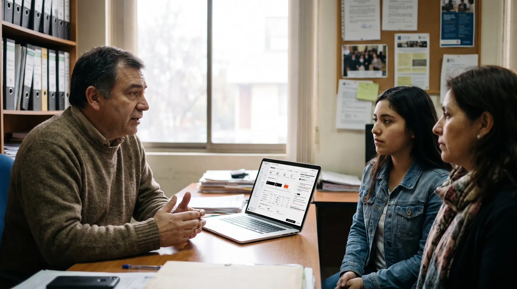 Entrevista de admisión en una oficina del Instituto Calafate; sobre el escritorio, un notebook con la pantalla de Medición.