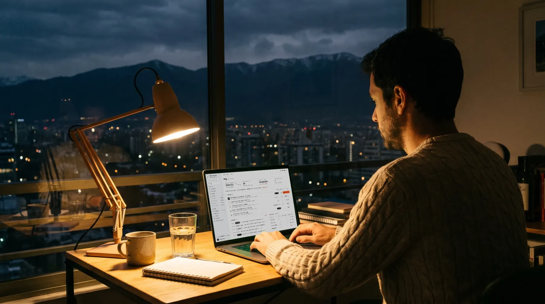 De noche, frente a la ventana con la ciudad y la cordillera, un hombre revisa en su notebook la pantalla Hoy de Glix.
